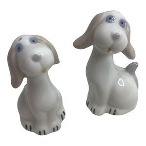 Vintage Dogs Salt and Pepper Shakers White blue Eyes‎ Porcelain 3" Unused